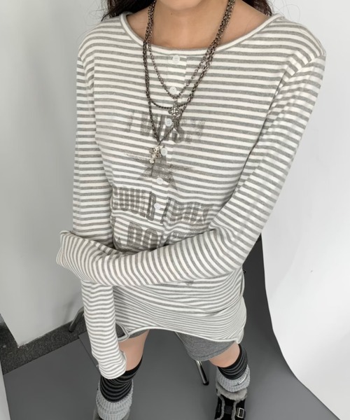 Lis ardent(リスアルダン)の「ボーダー2WAYレイヤードトップス/キャミ×ロンTセット(Tシャツ/カットソー・レディース・グレー/ブラック・M)」の1枚目の写真