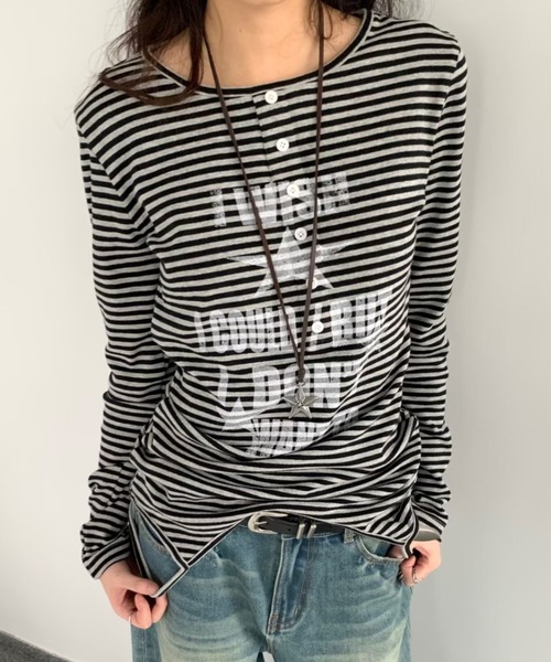 Lis ardent(リスアルダン)の「ボーダー2WAYレイヤードトップス/キャミ×ロンTセット(Tシャツ/カットソー・レディース・グレー/ブラック・M)」の2枚目の写真
