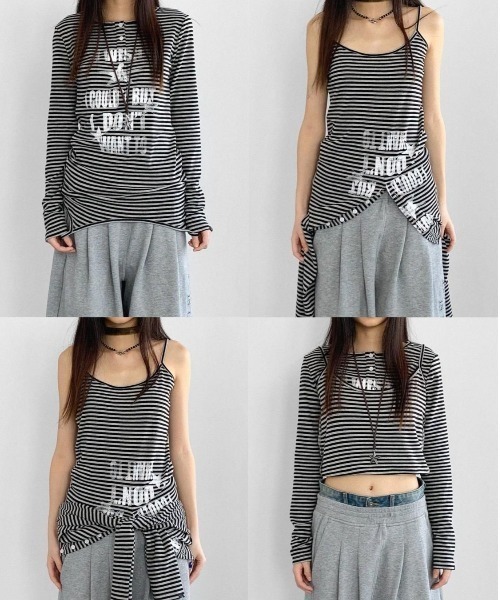 Lis ardent(リスアルダン)の「ボーダー2WAYレイヤードトップス/キャミ×ロンTセット(Tシャツ/カットソー・レディース・グレー/ブラック・M)」の6枚目の写真