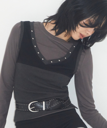 PLACE STUDIO | スタッズVネックツーウェイスリーブレスレイヤードTシャツ[チャコール](Tシャツ/カットソー)