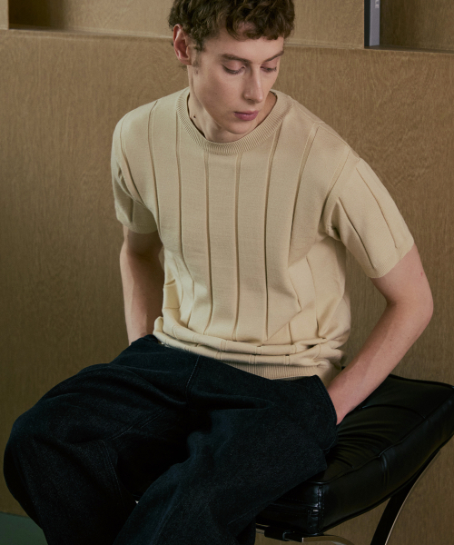 NODU（ノードユー）の「ラウンドリブ半袖ニット [ベージュ]（ニット/セーター・メンズ・その他・MEDIUM/LARGE）」の2枚目の写真