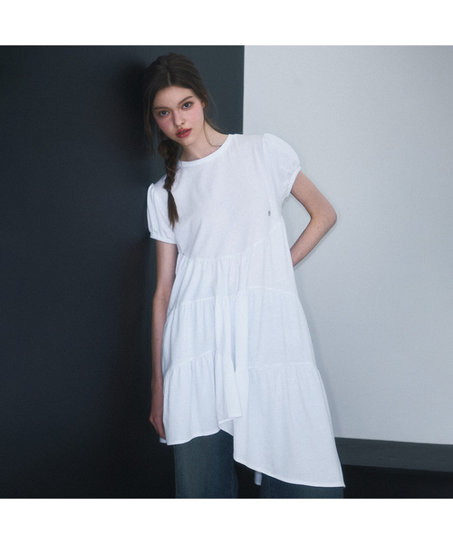 セール】Unbalance shirring Mini Dress [White]（ワンピース