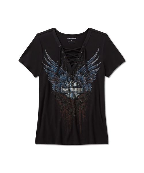 Harley-Davidson(ハーレーダビッドソン)の「ブリング 半袖 レーストフロントTシャツ - ダークエンジェル(Tシャツ/カットソー・レディース・ブラック系その他・X-SMALL/SMALL/MEDIUM/LARGE)」の1枚目の写真