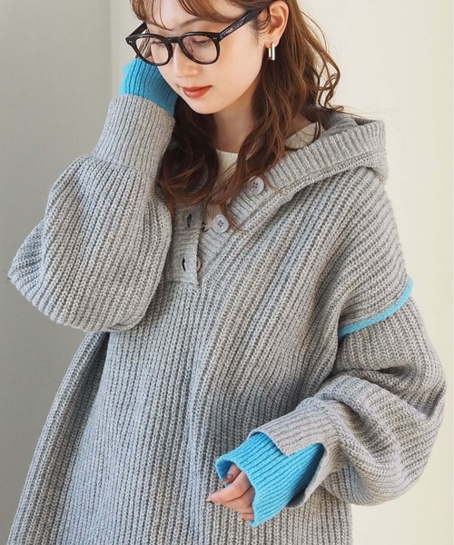 tiptop（ティップトップ）の「【ZOZO限定アイテム】畦編配色レイヤードヘンリーパーカー（ニット/セーター・レディース・アイボリー/グレー/チャコールグレー・FREE）」の3枚目の写真