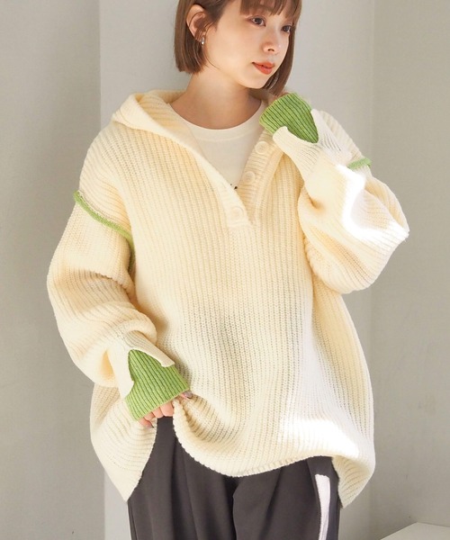 tiptop（ティップトップ）の「【ZOZO限定アイテム】畦編配色レイヤードヘンリーパーカー（ニット/セーター・レディース・アイボリー/グレー/チャコールグレー・FREE）」の2枚目の写真