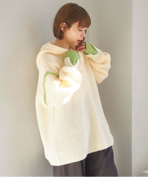 tiptop（ティップトップ）の「【ZOZO限定アイテム】畦編配色レイヤードヘンリーパーカー（ニット/セーター・レディース・アイボリー/グレー/チャコールグレー・FREE）」の4枚目の写真