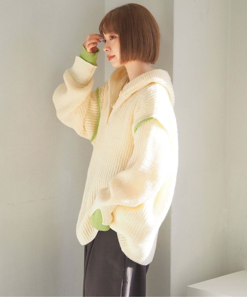 tiptop（ティップトップ）の「【ZOZO限定アイテム】畦編配色レイヤードヘンリーパーカー（ニット/セーター・レディース・アイボリー/グレー/チャコールグレー・FREE）」の5枚目の写真