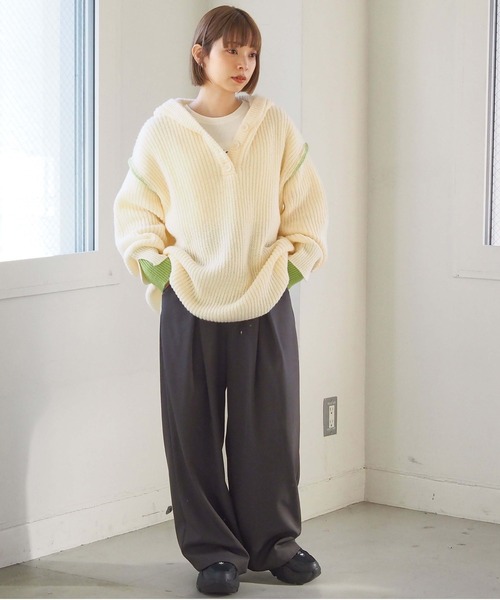 tiptop（ティップトップ）の「【ZOZO限定アイテム】畦編配色レイヤードヘンリーパーカー（ニット/セーター・レディース・アイボリー/グレー/チャコールグレー・FREE）」の6枚目の写真