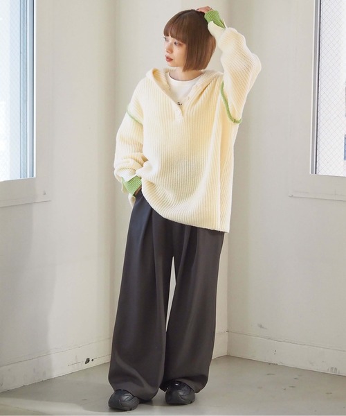 tiptop（ティップトップ）の「【ZOZO限定アイテム】畦編配色レイヤードヘンリーパーカー（ニット/セーター・レディース・アイボリー/グレー/チャコールグレー・FREE）」の7枚目の写真