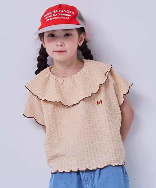 MARKEY'S（マーキーズ）の「ニットサッカーフリルカラーカットソー（Tシャツ/カットソー・キッズ・オレンジ/グリーン/ブルー/クリーム・80/90/100/110/120/130/140/150）」の2枚目の写真