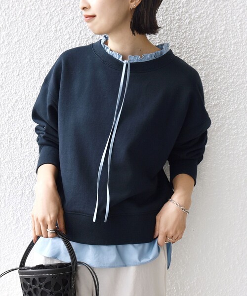 SHIPS（シップス）の「【WEB限定】〈手洗い可能〉ブラウス コンビ スウェット プルオーバー（スウェット・レディース・ホワイト/ネイビー/ライトピンク・ONE SIZE）」の3枚目の写真