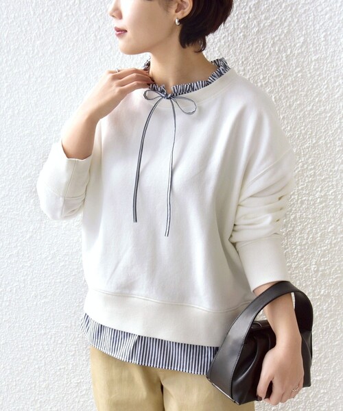 SHIPS（シップス）の「【WEB限定】〈手洗い可能〉ブラウス コンビ スウェット プルオーバー（スウェット・レディース・ホワイト/ネイビー/ライトピンク・ONE SIZE）」の2枚目の写真