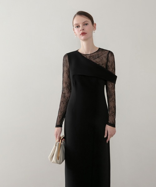 セール】【LEJA】アシンメトリーレースレイヤードフロントスリット