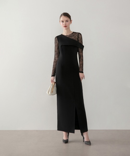 セール】【LEJA】アシンメトリーレースレイヤードフロントスリット