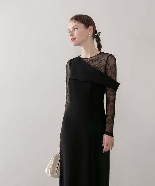 セール】【LEJA】アシンメトリーレースレイヤードフロントスリット