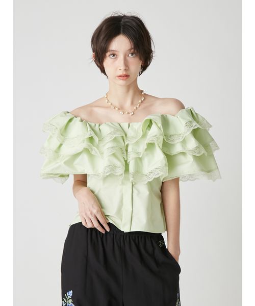 LILY BROWN(リリーブラウン)の「ボリュームフリルオフショルブラウス(シャツ/ブラウス・レディース・ネイビー/ホワイト/グリーン・F)」の6枚目の写真