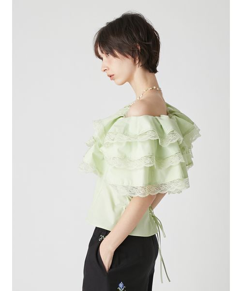 LILY BROWN(リリーブラウン)の「ボリュームフリルオフショルブラウス(シャツ/ブラウス・レディース・ネイビー/ホワイト/グリーン・F)」の8枚目の写真
