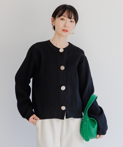 Paradise Picnic（パラダイスピクニック）の「ビッグ釦ダイバーニットカーディガン（カーディガン/ボレロ・レディース・アイボリー/ブラック/チャコールグレー・FREE）」の2枚目の写真