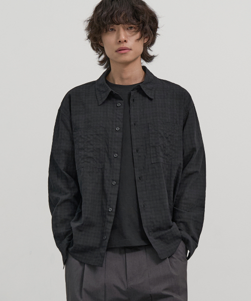 EXCONTAINER(エックスコンテナ)の「ミューテッドチェックセミクロップシャツ(ブラック)(シャツ/ブラウス・メンズ・その他・MEDIUM/LARGE/X-LARGE)」の1枚目の写真