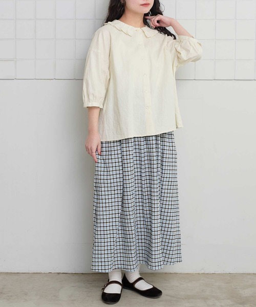 l'atelier du savon（アトリエドサボン）の「ちぢみギンガム　くしゅくしゅスカート（スカート・レディース・ブラック/レッド・FREE）」の7枚目の写真