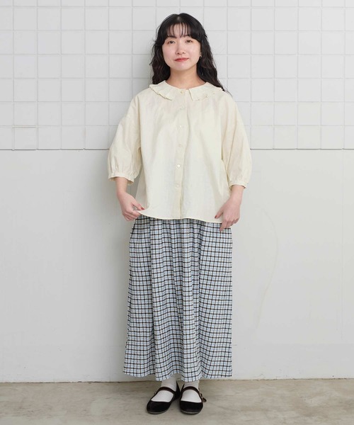 l'atelier du savon（アトリエドサボン）の「ちぢみギンガム　くしゅくしゅスカート（スカート・レディース・ブラック/レッド・FREE）」の5枚目の写真