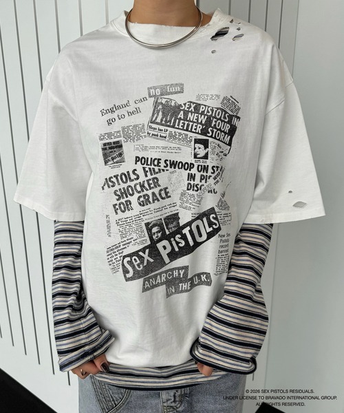 【Ameri】スカーフデザインカットソー 白T ホワイト 半袖 古着 アメリ Sex Pistols DAMAGE OVERSIZE TEE（Tシャツ/カットソー）｜Ameri