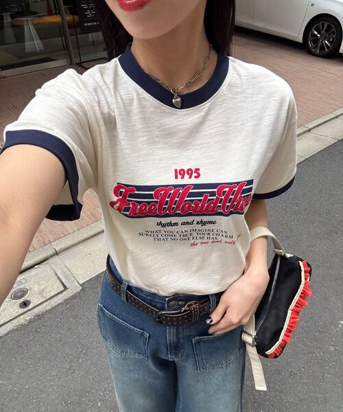 CIAOPANIC(チャオパニック)の「プリントリンガーロゴTシャツ(Tシャツ/カットソー・レディース・チャコールグレー/イエロー/ネイビー/レッド/グリーン/ブラウン・ONE SIZE)」の4枚目の写真