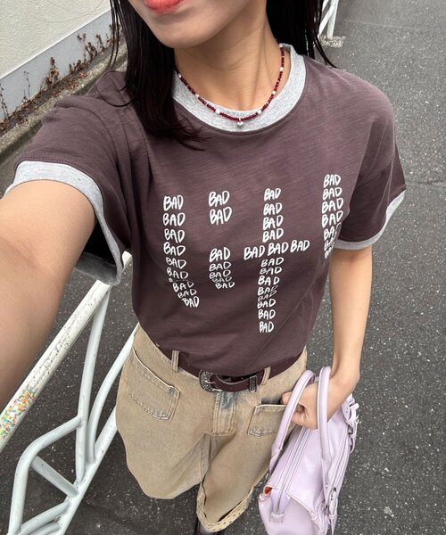 CIAOPANIC(チャオパニック)の「プリントリンガーロゴTシャツ(Tシャツ/カットソー・レディース・チャコールグレー/イエロー/ネイビー/レッド/グリーン/ブラウン・ONE SIZE)」の1枚目の写真