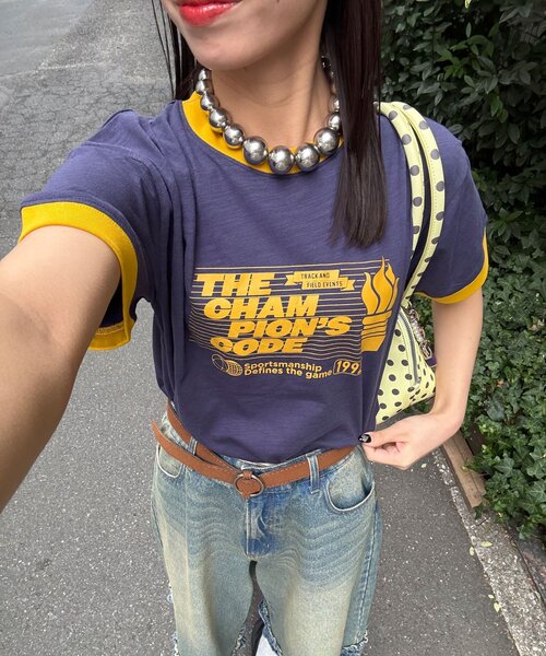 CIAOPANIC(チャオパニック)の「プリントリンガーロゴTシャツ(Tシャツ/カットソー・レディース・チャコールグレー/イエロー/ネイビー/レッド/グリーン/ブラウン・ONE SIZE)」の5枚目の写真