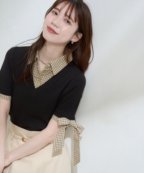 natural couture（ナチュラルクチュール）の「レイヤードリボンスリーブ半袖TOPS（ニット/セーター・レディース・アイボリー/ネイビー/ブラウン/グレー/ブラック・FREE）」の3枚目の写真