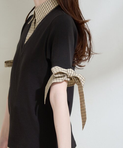 natural couture（ナチュラルクチュール）の「レイヤードリボンスリーブ半袖TOPS（ニット/セーター・レディース・アイボリー/ネイビー/ブラウン/グレー/ブラック・FREE）」の19枚目の写真