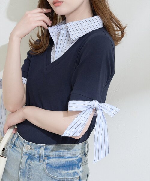 natural couture（ナチュラルクチュール）の「レイヤードリボンスリーブ半袖TOPS（ニット/セーター・レディース・アイボリー/ネイビー/ブラウン/グレー/ブラック・FREE）」の16枚目の写真