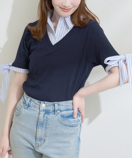 natural couture（ナチュラルクチュール）の「レイヤードリボンスリーブ半袖TOPS（ニット/セーター・レディース・アイボリー/ネイビー/ブラウン/グレー/ブラック・FREE）」の15枚目の写真