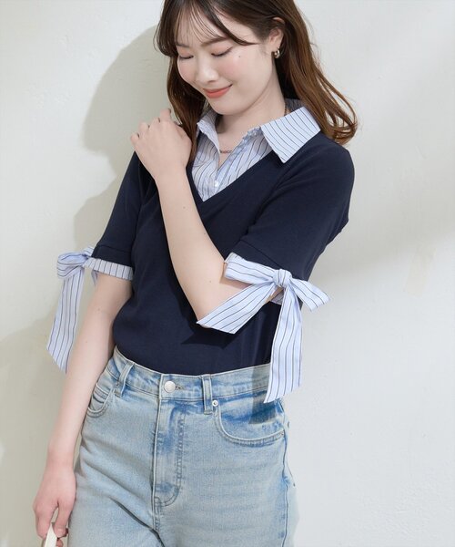 natural couture（ナチュラルクチュール）の「レイヤードリボンスリーブ半袖TOPS（ニット/セーター・レディース・アイボリー/ネイビー/ブラウン/グレー/ブラック・FREE）」の14枚目の写真