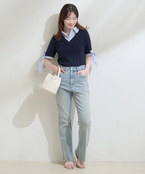 natural couture（ナチュラルクチュール）の「レイヤードリボンスリーブ半袖TOPS（ニット/セーター・レディース・アイボリー/ネイビー/ブラウン/グレー/ブラック・FREE）」の13枚目の写真