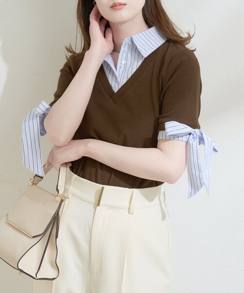 natural couture（ナチュラルクチュール）の「レイヤードリボンスリーブ半袖TOPS（ニット/セーター・レディース・アイボリー/ネイビー/ブラウン/グレー/ブラック・FREE）」の10枚目の写真