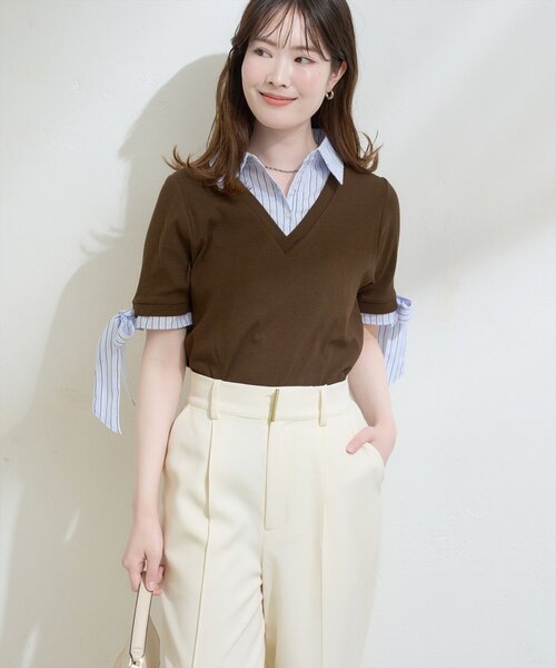 natural couture（ナチュラルクチュール）の「レイヤードリボンスリーブ半袖TOPS（ニット/セーター・レディース・アイボリー/ネイビー/ブラウン/グレー/ブラック・FREE）」の8枚目の写真