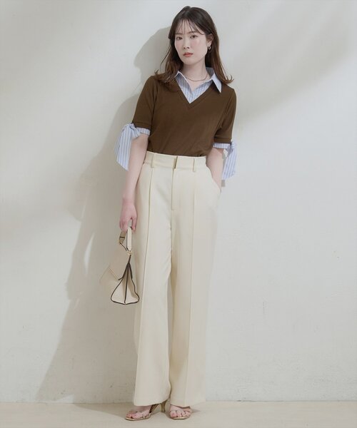 natural couture（ナチュラルクチュール）の「レイヤードリボンスリーブ半袖TOPS（ニット/セーター・レディース・アイボリー/ネイビー/ブラウン/グレー/ブラック・FREE）」の7枚目の写真