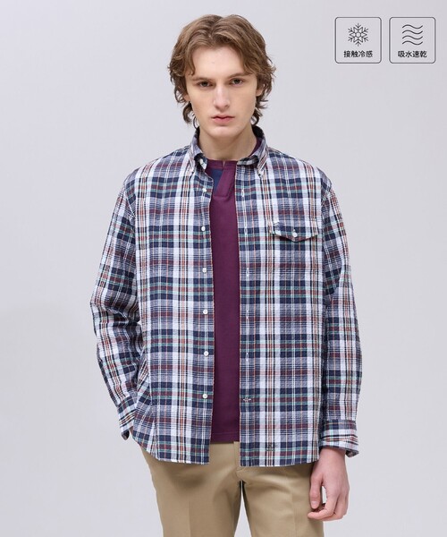 J.PRESS(ジェイプレス)の「ひんやりで品あり【吸水速乾 / 接触冷感 / 高通気性】Aero Weave クールマックス サッカー 長袖シャツ / B.D.(シャツ/ブラウス・メンズ・ブラウン系3/レッド系3/ブルー系3・MEDIUM/LARGE/X-LARGE)」の1枚目の写真
