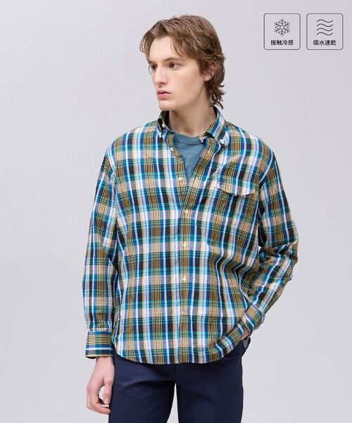 J.PRESS(ジェイプレス)の「ひんやりで品あり【吸水速乾 / 接触冷感 / 高通気性】Aero Weave クールマックス サッカー 長袖シャツ / B.D.(シャツ/ブラウス・メンズ・ブラウン系3/レッド系3/ブルー系3・MEDIUM/LARGE/X-LARGE)」の2枚目の写真