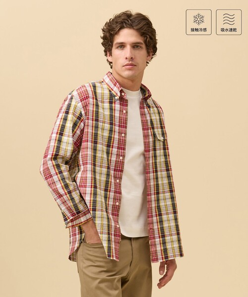 J.PRESS(ジェイプレス)の「ひんやりで品あり【吸水速乾 / 接触冷感 / 高通気性】Aero Weave クールマックス サッカー 長袖シャツ / B.D.(シャツ/ブラウス・メンズ・ブラウン系3/レッド系3/ブルー系3・MEDIUM/LARGE/X-LARGE)」の3枚目の写真