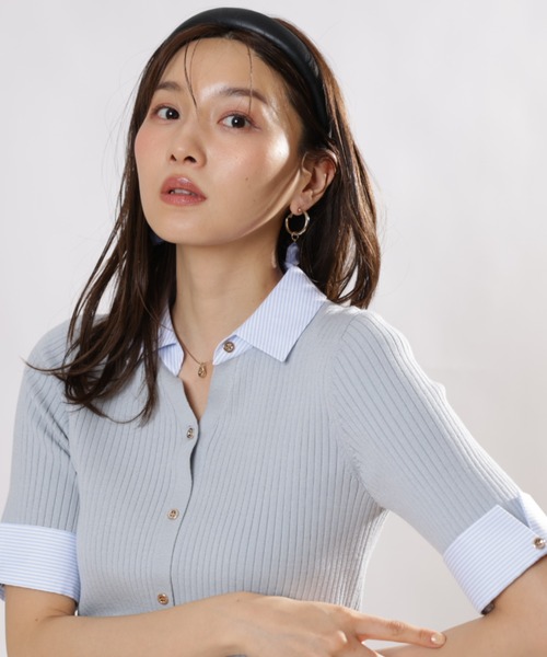 本日限定値下げ‼️JUSGLITTY 配色シャツカラーニット グレー JUSGLITTY 配色シャツカラー5分袖ニット - メルカリ