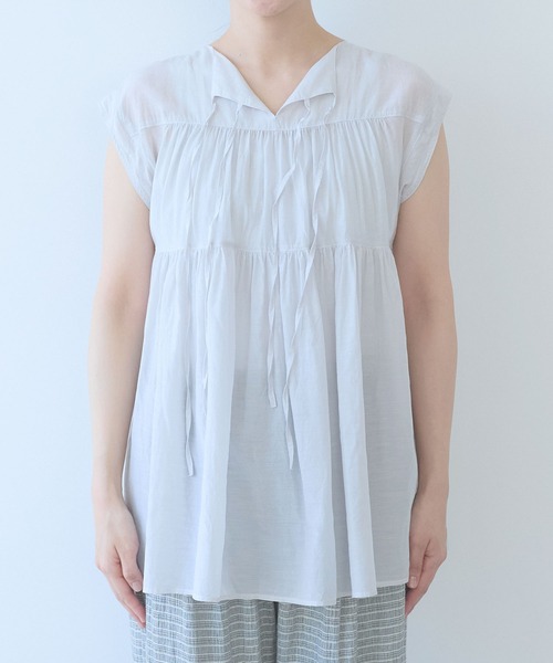 yuni(ユニ )の「100/1C Cu cap sleeves gather blouse(シャツ/ブラウス・レディース・グレー/ブラック・FREE)」の7枚目の写真
