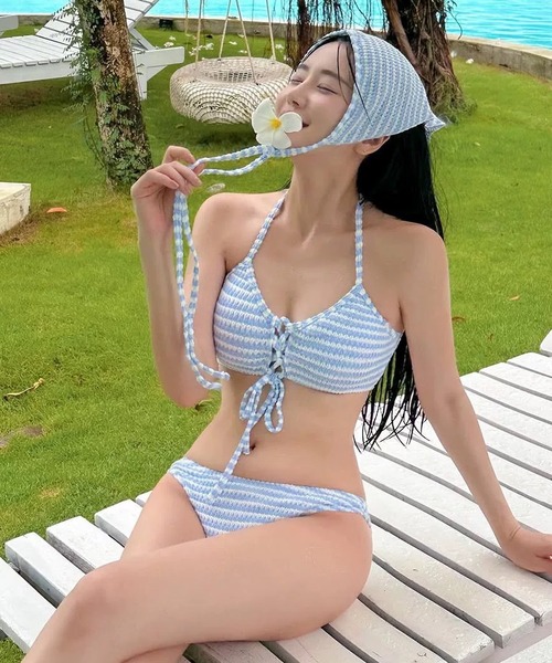セール】水着 レディース セパレート 水色ボーダー バブーシュカ付