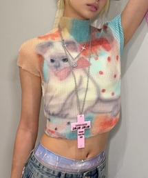 【Never mind the XU】popcorn shirring baby tee cat / 【ネバーマインド ザ エックスユー】キャットプリントシャーリングクロップド半袖トップス