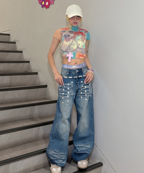 Never mind the XU(ネバーマインドザエックスユー)の「【Never mind the XU】popcorn shirring baby tee cat / 【ネバーマインド ザ エックスユー】キャットプリントシャーリングクロップド半袖トップス(Tシャツ/カットソー・レディース・ピンク・S)」の6枚目の写真
