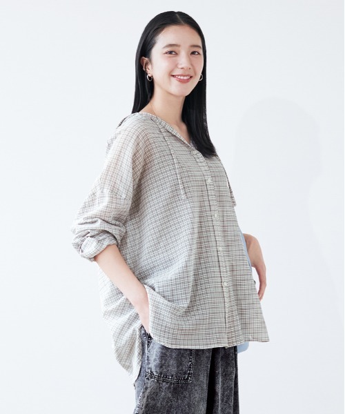 Right-on(ライトオン)の「HONEYSUCKLE ROSE(ハニーサックルローズ)シアーチェックフードシャツ(シャツ/ブラウス・レディース・ホワイト×グリーン/ホワイト×カーキブラウン/チャコールグレー×ブラック/ブラック×ホワイト・M/L/S)」の1枚目の写真