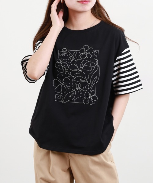 BARNDOOR(バーンドア)の「20/-天竺 お花 刺繍T 26SS 半袖(Tシャツ/カットソー・レディース・ネイビー系2/ブラック系1/ネイビー系1/ホワイト系2/ホワイト系1/ブラック系2・FREE)」の4枚目の写真