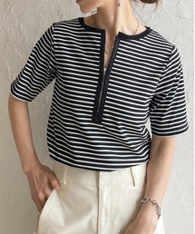 半袖 配色バイカラー ヘンリーネック リブトップス カットソー Tシャツ