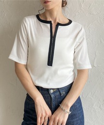 半袖 配色バイカラー ヘンリーネック リブトップス カットソー Tシャツ